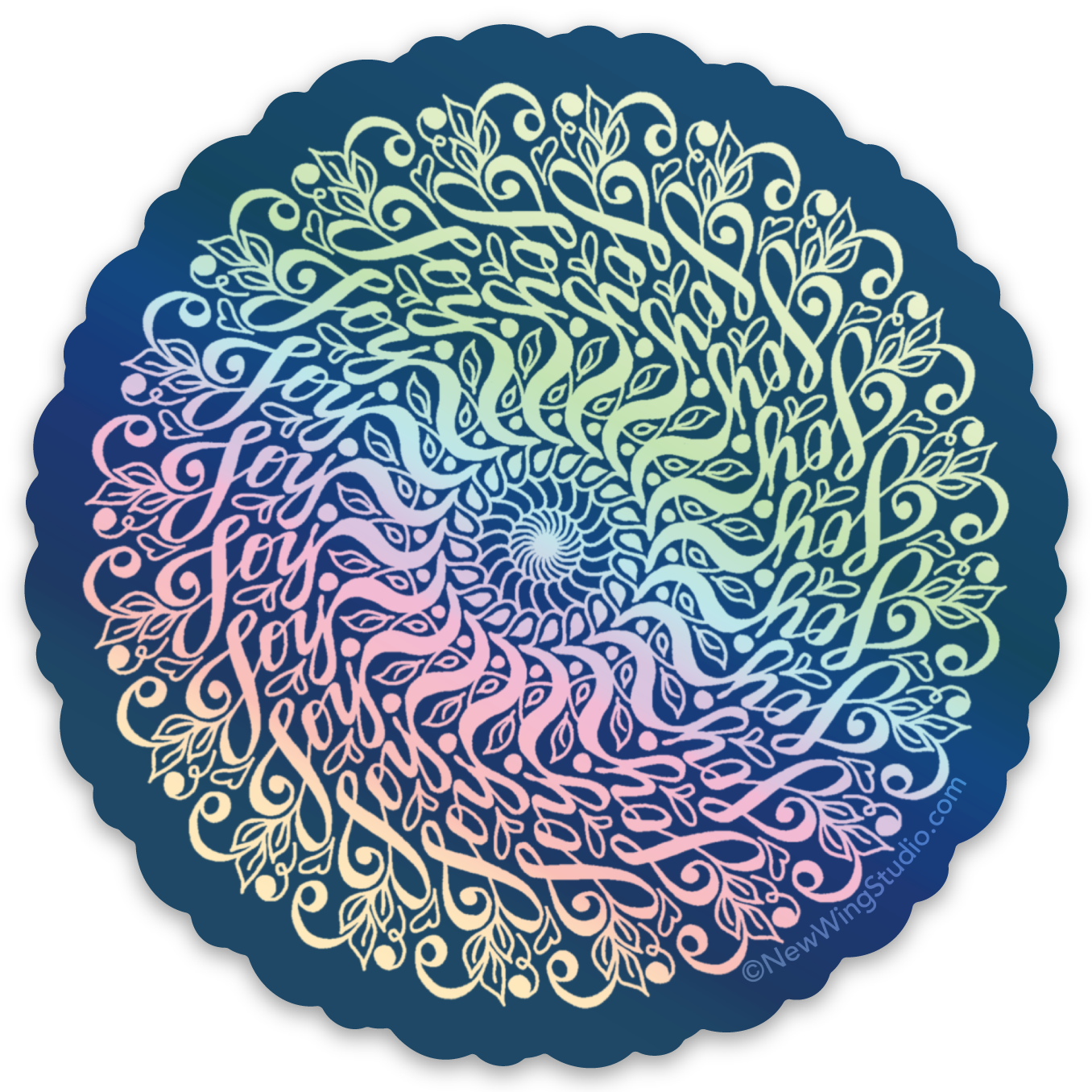 This beautiful Hidden Word Mandala sticker is designed with the word "Joy" repeated 20 times. Why holographic? Because sometimes I need the supernatural to see Joy in a part of my own life! Our holographic stickers are printed in the USA on a unique vinyl with an eye-catching rainbow effect, which changes with light and perspective. It is the perfect Mandala sticker for a water bottle, coffee cup, laptop computer, or the back of your phone. Newwingstudio.com