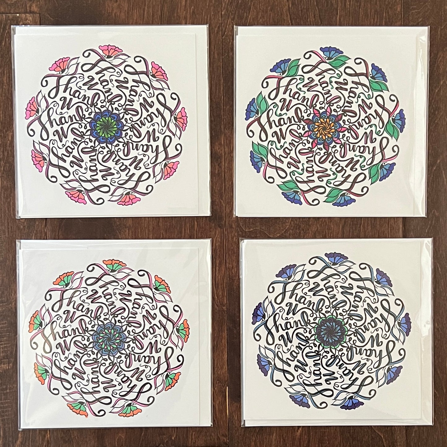 Thank U Hand Colored Hidden Word Mandala Greeting Card