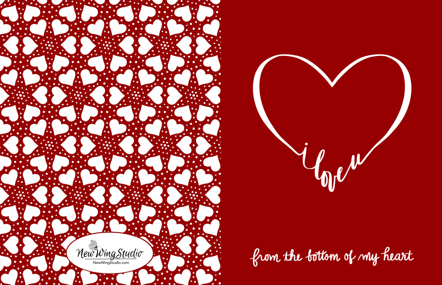 "I Love You From the Bottom of My Heart" is one of our best selling greeting cards and features an elegant hand-drawn heart with the text "I love u" forming the "V" of the bottom of the heart. The image is featured on a vivid red background and the words "from the bottom of my heart" are printed in messy handwriting below. The back of the card features an adorable pattern of hearts and dots. All of our original artwork is created by Jennifer Knight. Newwingstudio.com