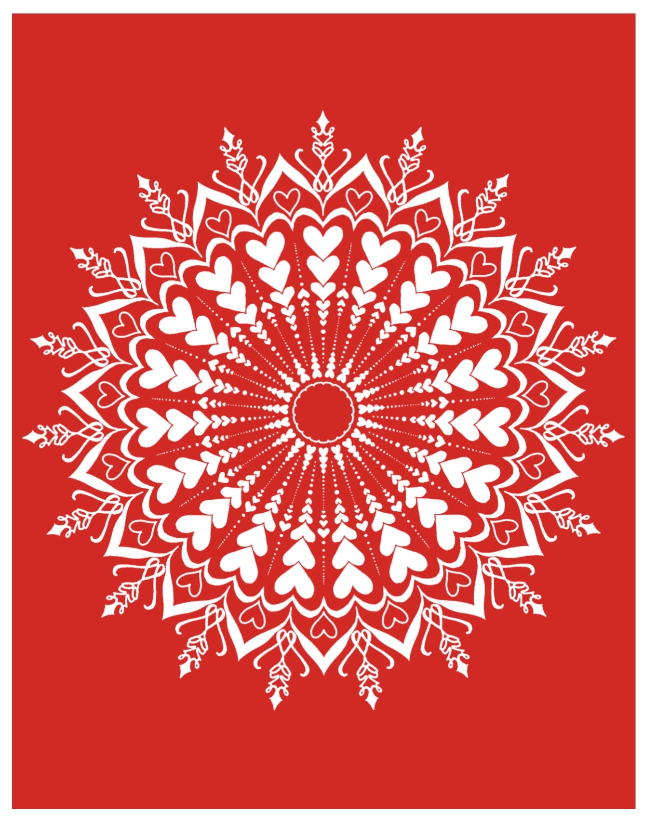 The Greeting card in this image is intended to convey the message that you love the person receiving the card. It communicates this message in unique, beautiful, and meaningful way because the card features a white Mandala set on a deep red background with the word “Love” repeated throughout the design 38 times. This card can be given on any occasion. The card is blank inside for room to write a personalized note. The Hidden Word art is created by Jennifer Knight. NewWingStudio.com