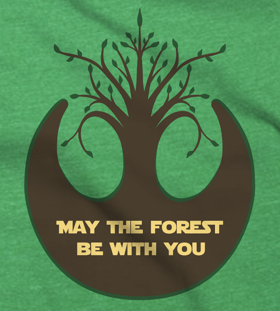 Our "May the Forest Be With You" graphic t-shirt is perfect for the Star Wars fan and/or nature lover. This Kelly Green shirt features a natural take on the Rebel Alliance Starbird Crest, as the top of the crest sprouts into a budding tree. Beautiful and ultra soft, these Next Level brand t-shirts are sure to be a well-loved favorite. Available in sizes Small through 2X, and are screen-printed locally in Charlottesville, Virginia. Original artwork created by Jennifer Knight. Newwingstudio.com