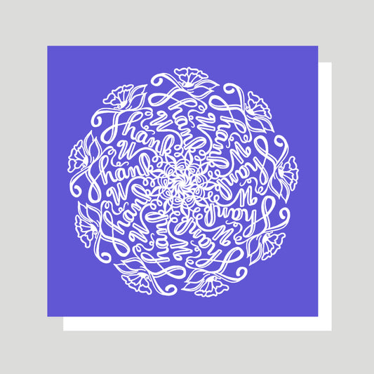 This greeting card allows the sender to say “Thank you” in a beautiful and creative Way.  The card has a deep purple background, on which a striking white mandala is printed.  The Mandala features the phrase “Thank U” nine times in a mesmerizing swirling pattern, and the pattern is adorned with flowers, leaves, and vines.  The card is blank inside so the sender can personalize a message.  This card features the art of Jennifer Knight.  Newwingstudio.com