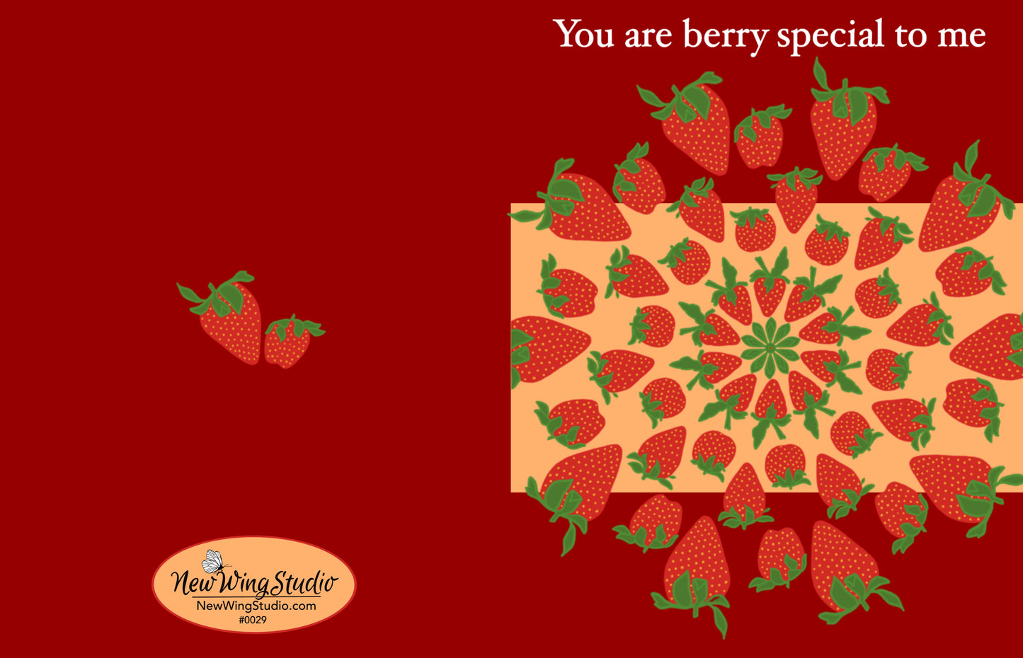 This delicious new take on one of our best selling greeting cards features a geometric swirl of strawberries on a red and orange backdrop. The phrase: "You are berry special to me" is printed prominently on the top of the card. The back of the card features two adorable strawberries. This card is perfect for putting a smile on the face of someone special in your life! All of our original artwork is created by Jennifer Knight. Newwingstudio.com
