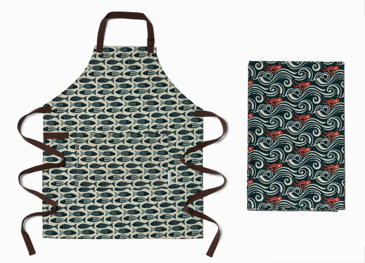 Adult Apron & Kitchen Towel Set | Go Fish & Calamari