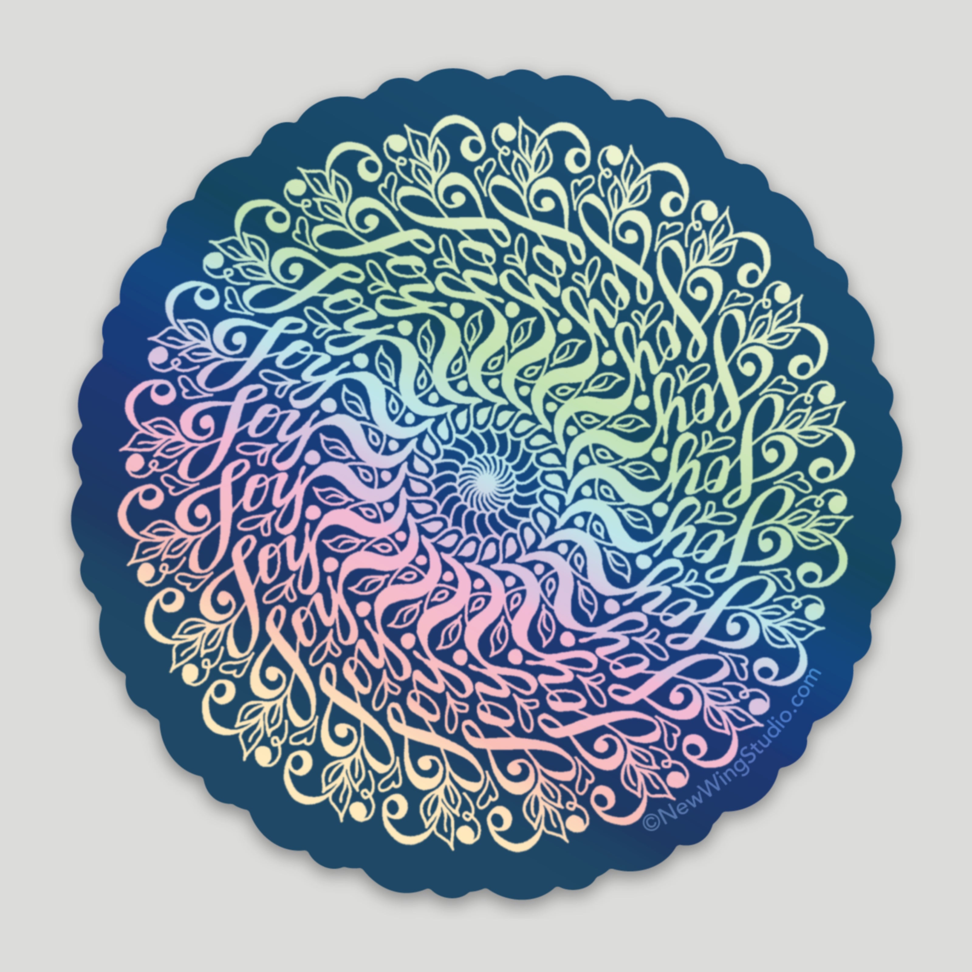 This beautiful Hidden Word Mandala sticker is designed with the word "Joy" repeated 20 times. Why holographic? Because sometimes I need the supernatural to see Joy in a part of my own life! Our holographic stickers are printed in the USA on a unique vinyl with an eye-catching rainbow effect, which changes with light and perspective.  It is the perfect Mandala sticker for a water bottle, coffee cup, laptop computer, or the back of your phone.  Newwingstudio.com