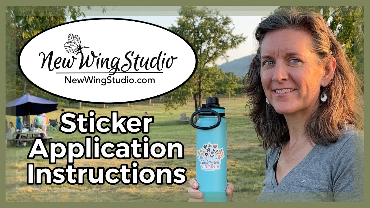 Load video: Vinyl Sticker Application Instructions: This video highlights artist Jennifer Knight washing a water bottle, drying it completely, cleaning the surface with rubbing alcohol to remove any excess oils, separating the sticker from the backer, and applying well so that it adheres perfectly without pealing.  The video concludes with Jennifer showcasing her applied sticker on her water bottle at Hark Vineyard.  Find all of our high quality stickers at newwingstudio.com