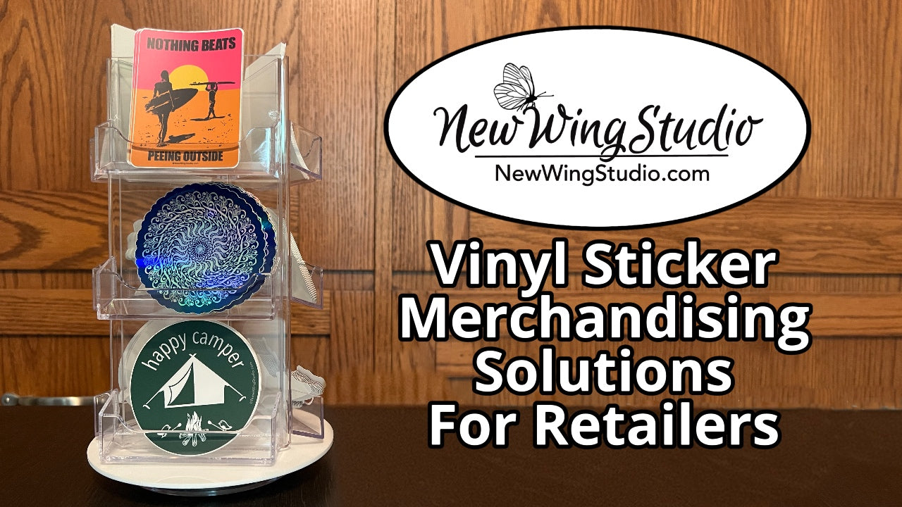Load video: Stickers are some of our best selling items but are often hard to display well.  New Wing Studio is always looking for ways to support the growing number of stores that carry our products. This video highlights our two current sticker merchandising solutions that are beautiful, affordable, and practical in order to help our vendors sell our stickers easily.If a store owner and is interested in selling our high quality stickers they reach out to us by email at JenniferKnight@NewWingStudio.com or simply order wholesale through Faire at NewWingStudio.faire.com
