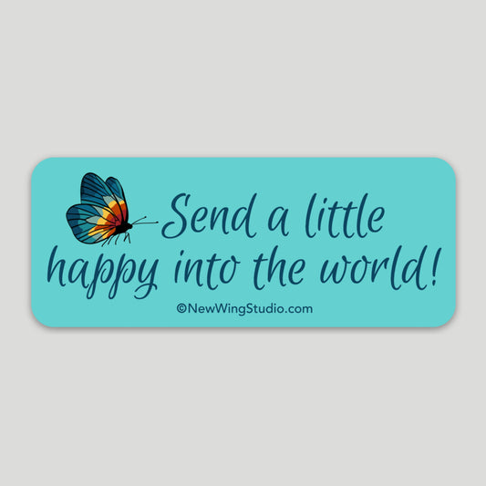This is a rectangular sticker that is perfect for putting on a coffee cup, water bottle, computer, or car window as a bumper sticker.  It is a beautiful teal color with a rainbow butterfly and the words, “Send a little happy into the world!” is printed in a hand-written script by Jennifer Knight of Newwingstudio.com.  The sticker is a whimsical reminder that you have something good within you that the world needs.