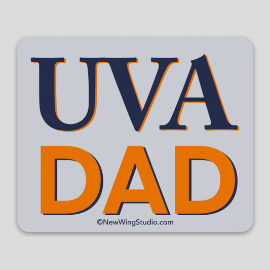 This is a vinyl sticker with a light blue background that says “UVA Dad” on the front.  The colors are the Orange and Blue from the University of Virginia, and the “UVA” lettering is the UVA font. The word “Dad” is printed in bold font.  This sticker is perfect for the University of Virginia Dad.  It is a perfect gift to celebrate your child’s admission to UVA.  This is the sticker paired with another one of our stickers designed for UVA Moms.  Newwingstudio.com