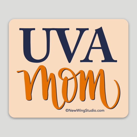 This is a vinyl sticker with a Peach / Orange background that says “UVA Mom” on the front.  The colors are the Orange and Blue from the University of Virginia, and the “UVA” lettering is the UVA font. The word “Mom is hand-written script by artist Jennifer Knight.  This sticker is perfect for the University of Virginia Mom.  It is a perfect gift to celebrate your child’s admission to UVA.
