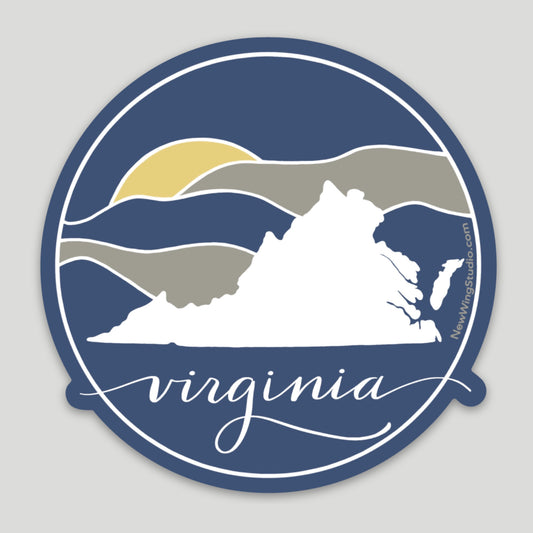 One of our best selling greeting card and T-shirt designs is now a sticker!  This unique sticker features the shape of Virginia on a backdrop of a stylized rendering of the Blue Ridge Mountains. The word "Virginia" is written in graceful script and all is set on a Yale Blue background.  All of our art is designed by Jennifer Knight out of our studio set in the foothills of the Blue Ridge, which inspired this beautiful design.  Newwingstudio.com