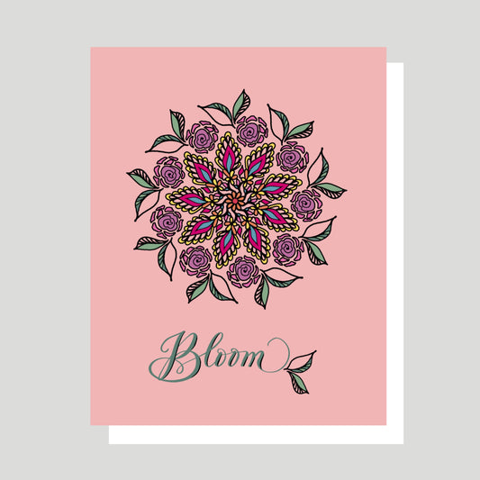 This Mandala Greeting card has a rosy pink background with purple flowers and green leaves and communicates encouragement in a new season of life such as a job change, retirement, graduation, or any other time when one wants to say, “you can bloom in a new setting.”  This card can also communicate that you believe the recipient can “bloom” in current difficult settings, i.e., “Bloom where you are planted.”  Jennifer Knight, newwingstudio.com