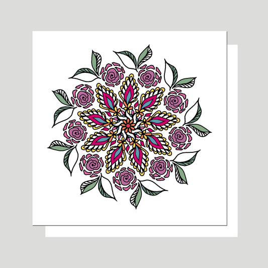 This Mandala Greeting card has a white background with purple flowers and green leaves and communicates encouragement in a new season of life such as a job change, retirement, graduation, or any other time when one wants to say, “you can bloom in a new setting.”  This card can also communicate that you believe the recipient can “bloom” in current difficult settings, i.e., “Bloom where you are planted.”  Jennifer Knight, newwingstudio.com