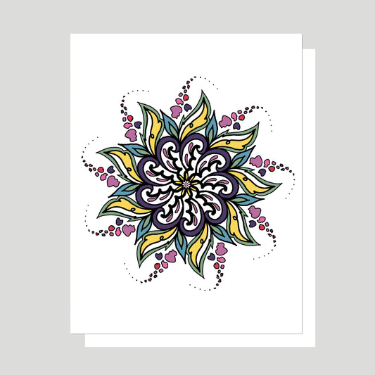 The Greeting card in this image is intended to convey a personalized message for any occasion.  The front of the card features a vibrant flowing Mandala composed of bright yellows, deep purples, and a variety of greens. The title of the Mandala art is “Flower Trail” because the entire mandala looks like a flower with dots trailing off in a geometric pattern.   The background of the card is white.  The mandala art was created by Jennifer Knight, newwingstudio.com