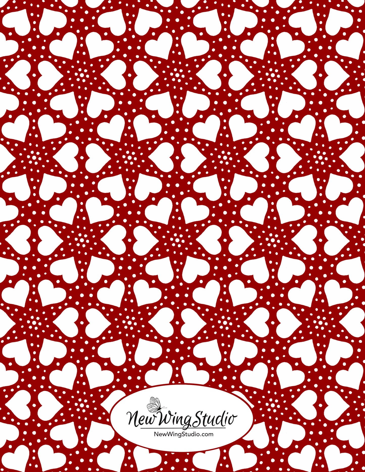 The back of our best selling "I Love You From the Bottom of My Heart" greeting card features an adorable pattern of hearts and dots.  The front of the card includes an elegant hand-drawn heart with the text "I love u" forming the "V" of the bottom of the heart.  The image is displayed on a vivid red background and the words "from the bottom of my heart" are printed in messy handwriting below. All of our original artwork is created by Jennifer Knight.  Newwingstudio.com