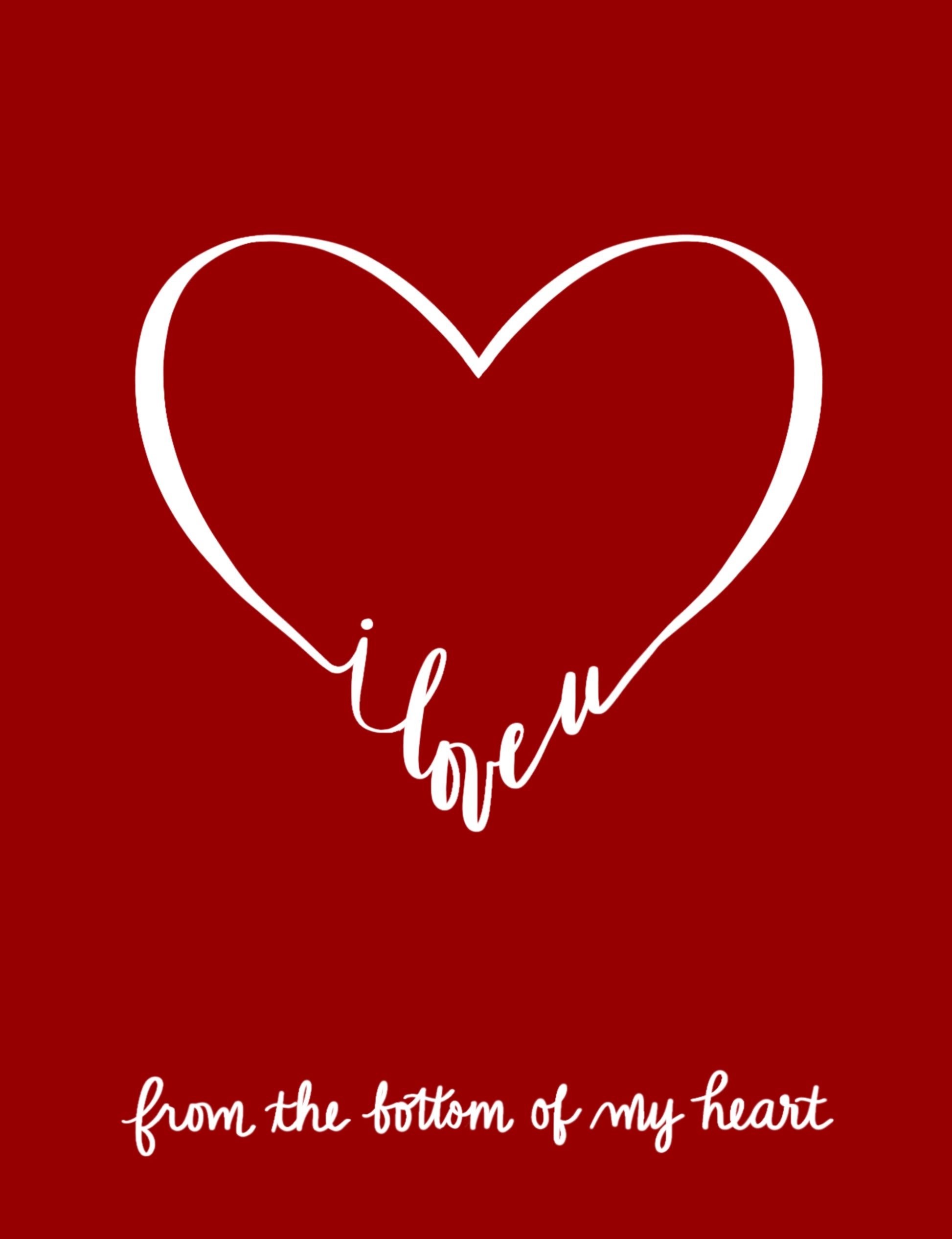 "I Love You From the Bottom of My Heart" is one of our best selling greeting cards and features an elegant hand-drawn heart with the text "I love u" forming the "V" of the bottom of the heart.  The image is featured on a vivid red background and the words "from the bottom of my heart" are printed in messy handwriting below.  All of our original artwork is created by Jennifer Knight.  Newwingstudio.com