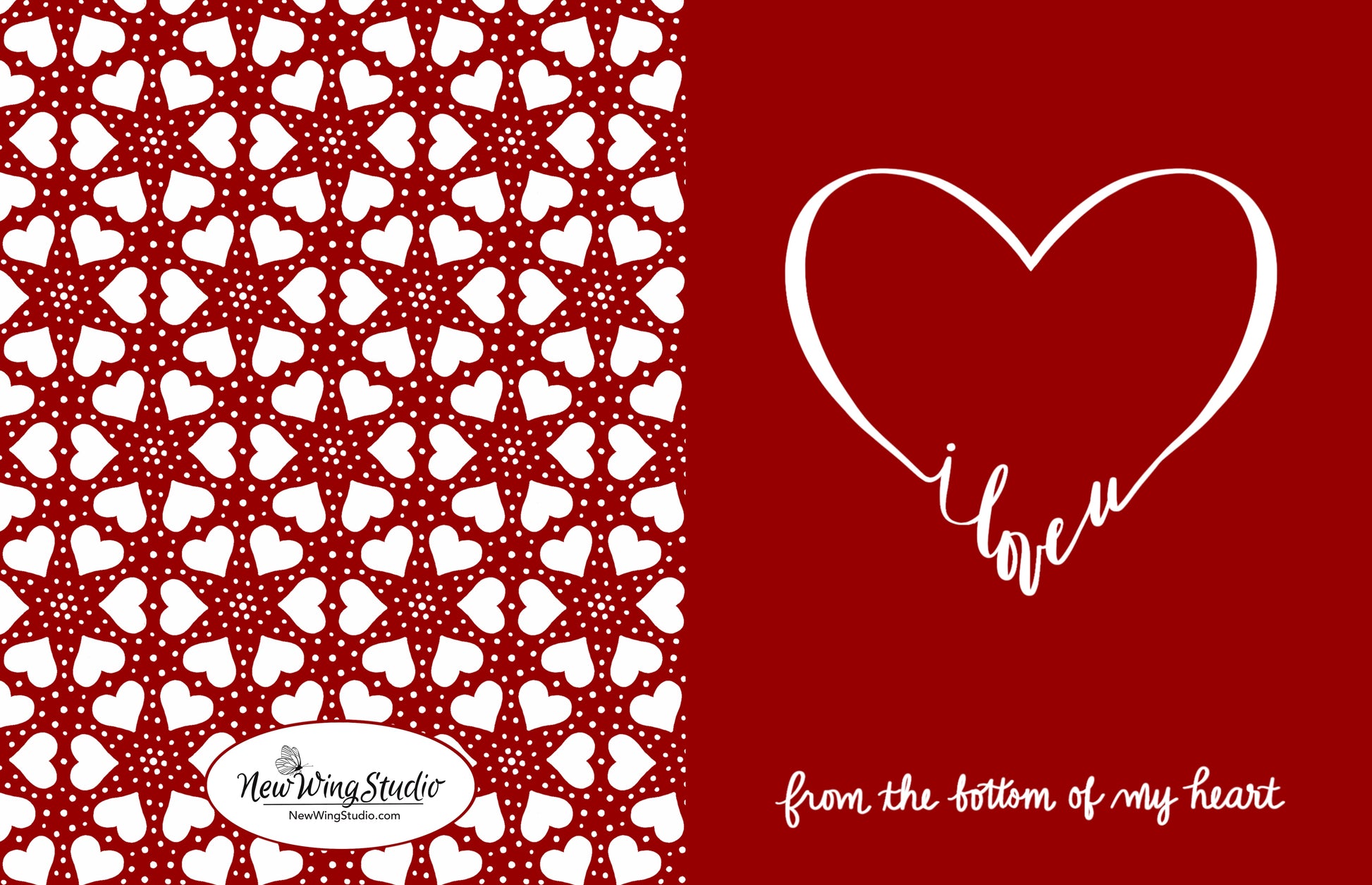 "I Love You From the Bottom of My Heart" is one of our best selling greeting cards and features an elegant hand-drawn heart with the text "I love u" forming the "V" of the bottom of the heart.  The image is featured on a vivid red background and the words "from the bottom of my heart" are printed in messy handwriting below.  The back of the card features an adorable pattern of hearts and dots.  All of our original artwork is created by Jennifer Knight.  Newwingstudio.com