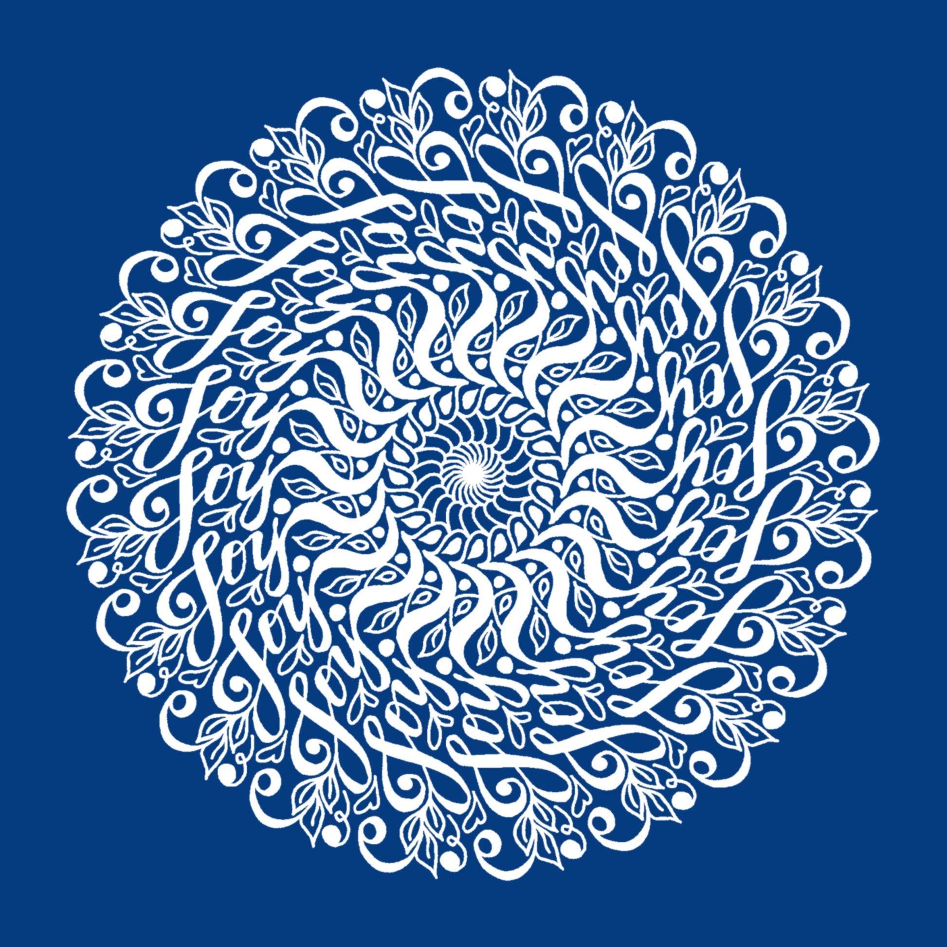 Our "Joy Mandala" greeting card is one of our best sellers and features a deep blue background and a swirling mandala with the word "Joy" hidden within the design.  You can almost get lost in the movement of this elegant pattern!  All of our cards feature the art of Jennifer Knight and are printed on high quality stock locally in Charlottesville, Va.  Newwingstudio.com