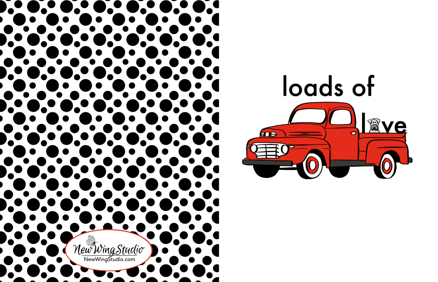 “Loads of Love” is one of our best selling greeting cards and features an adorable dog in the bed of a vintage bright red pickup truck.  If it weren't cute enough, the dog's head is the "o" in "love."  The back of the card features adorable puppy polka dots.   This card is perfect for any occasion.  All of our original artwork is created by Jennifer Knight.  NewWingStudio.com
