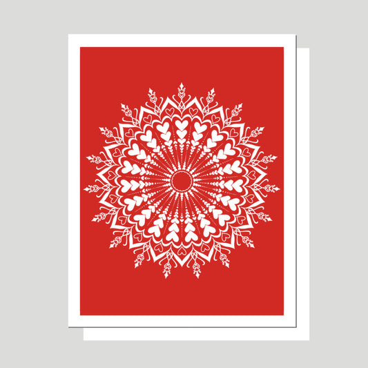 The Greeting card in this image is intended to convey the message that you love the person receiving the card.  It communicates this message in unique, beautiful, and meaningful way because the card features a white Mandala set on a deep red background with the word “Love” repeated throughout the design 38 times.  This card can be given on any occasion.  The card is blank inside for room to write a personalized note.  The Hidden Word art is created by Jennifer Knight.  NewWingStudio.com