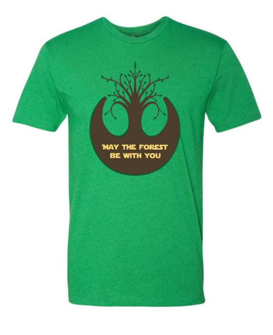 Our "May the Forest Be With You" graphic t-shirt is perfect for the Star Wars fan and/or nature lover.  This Kelly Green shirt features a natural take on the Rebel Alliance Starbird Crest, as the top of the crest sprouts into a budding tree.  Beautiful and ultra soft, these Next Level brand t-shirts are sure to be a well-loved favorite. Available in sizes Small through 2X, and are screen-printed locally in Charlottesville, Virginia.  Original artwork created by Jennifer Knight.  Newwingstudio.com
