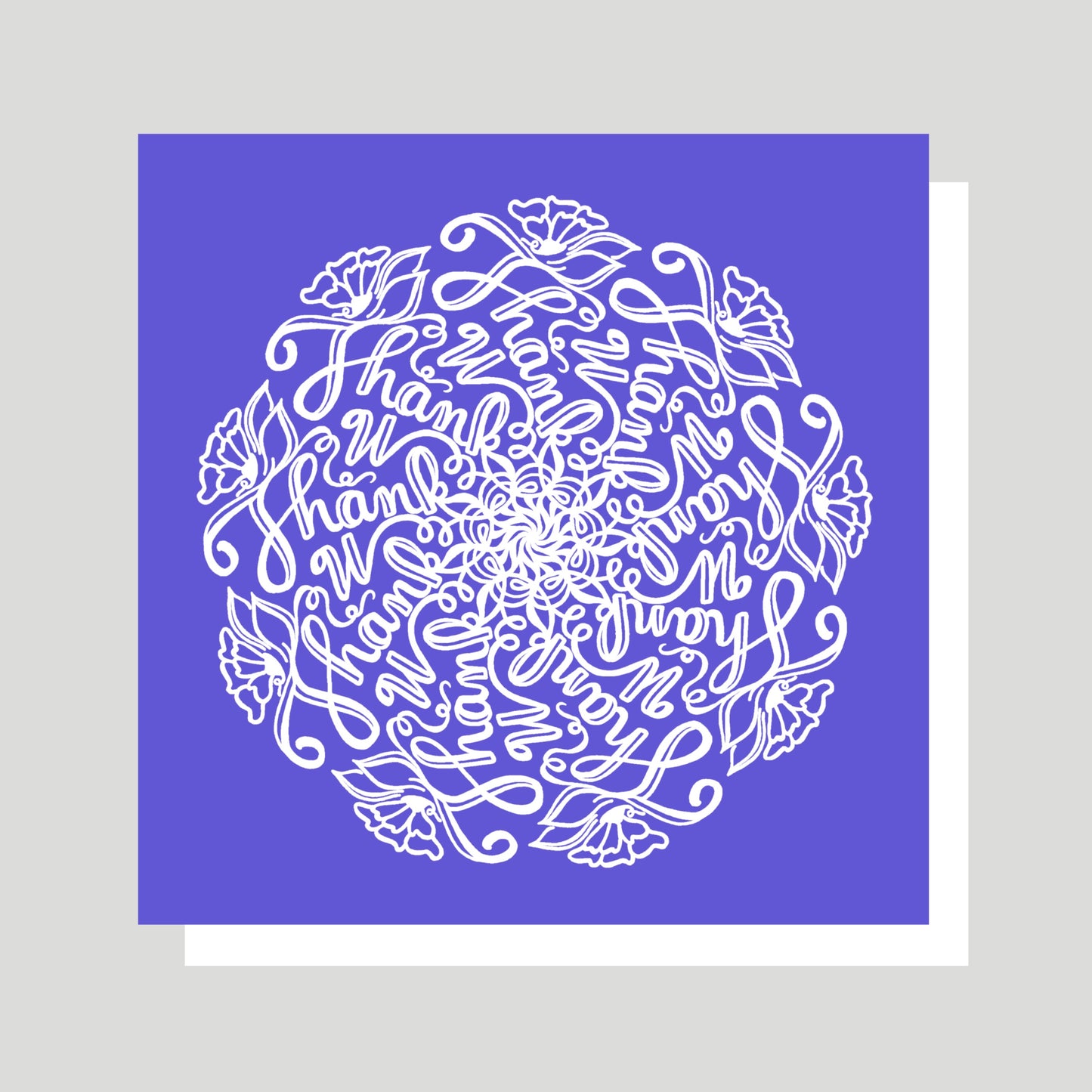 This greeting card allows the sender to say “Thank you” in a beautiful and creative Way.  The card has a deep purple background, on which a striking white mandala is printed.  The Mandala features the phrase “Thank U” nine times in a mesmerizing swirling pattern, and the pattern is adorned with flowers, leaves, and vines.  The card is blank inside so the sender can personalize a message.  This card features the art of Jennifer Knight.  Newwingstudio.com