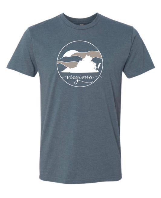 This Indigo Blue shirt features the shape of Virginia on a backdrop of a stylized rendering of the Blue Ridge Mountains. The word "Virginia" is written in graceful script across the bottom.  Beautiful and ultra soft, these Next Level brand t-shirts are sure to be a well-loved favorite. Shirts are all screen-printed locally in Charlottesville, Virginia and all original art is created by Jennifer Knight out of our studio nestled in the foothills of the Blue Ridge Mountains.