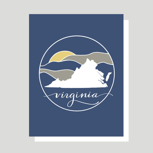 "Virginia Mountains" is one of our best selling greeting cards and features the shape of Virginia on a backdrop of a stylized rendering of the Blue Ridge Mountains.  The word "Virginia" is written in graceful script and all is set on a Yale Blue background.  All of our art is designed by Jennifer Knight and our cards are printed locally in Charlottesville, Va.  Our cards are assembled in our studio set in the foothills of the Blue Ridge Mountains, which inspired this beautiful card.