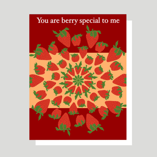 This delicious new take on one of our best selling greeting cards features a geometric swirl of strawberries on a red and orange backdrop.  The phrase: "You are berry special to me" is printed prominently on the top of the card.  This card is perfect for putting a smile on the face of someone special in your life!  All of our original artwork is created by Jennifer Knight.  Newwingstudio.com