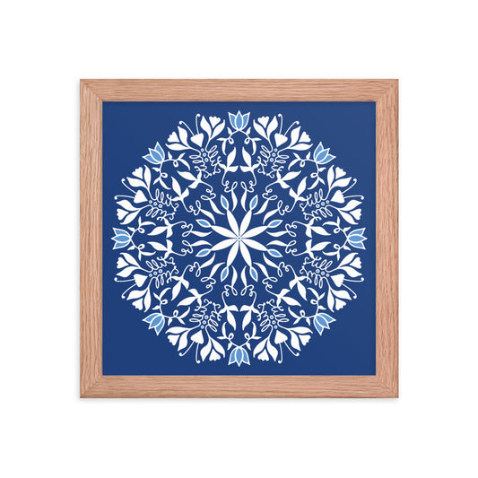 This image is of a framed print designed and sold by New Wing Studio and features Mandala art inspired by the Bible verse “Be still, and know that I am God” Psalm 46:10. The words “be still” are hidden in this mandala 16 times. The print features a deep blue background with a white and light blue mandala floral design.  This Hidden Word Art is printed on high-quality paper, with a partly glossy, partly matte finish.  The art is created by Jennifer Knight, NewWingStudio.com